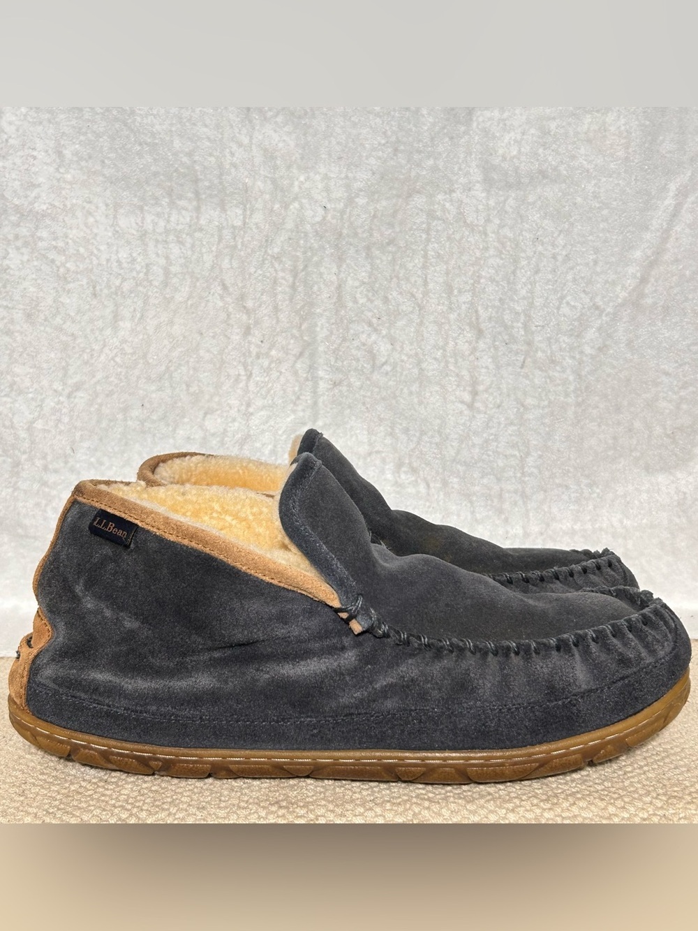 LL Bean Mens Blue Suede Wicked Good Shearling-Lined Moc SlipOn Boots Shoes SZ 10